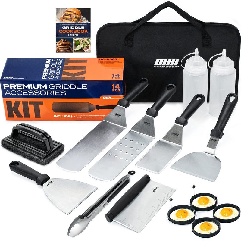 OUII Flat Top Griddle Accessories Set for Blackstone and Camp Chef Griddle - 14 Pieces Set with Griddle Cleaning Kit & Carry Bag! Metal Spatula, Griddle Scraper, Egg Rings for Teppanyaki & Gas Grill - Image 1